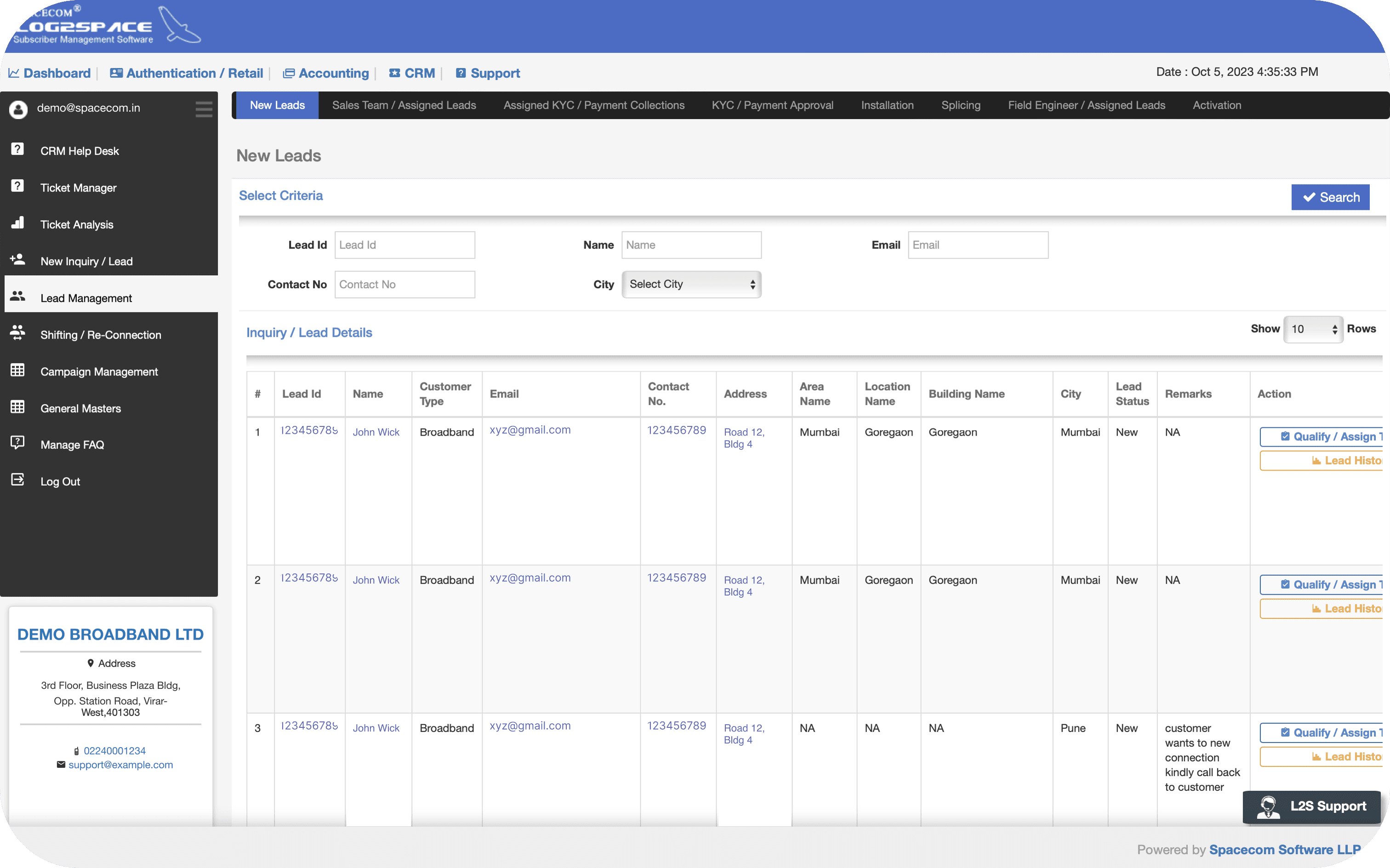 Log2Space lead management screen