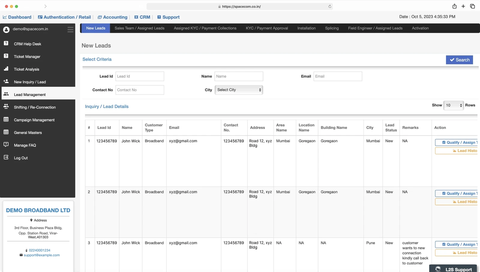 Log2Space lead management screen listing new leads, with search filters